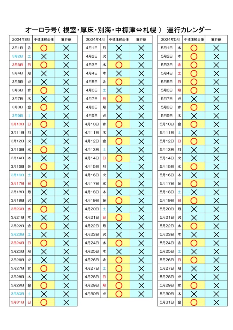 2024年3月～5月　札幌線「オーロラ号運行カレンダー」